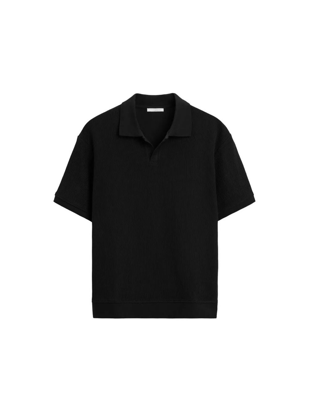 Zara Black Vertical Textured Short-Sleeve Polo with Open Placket